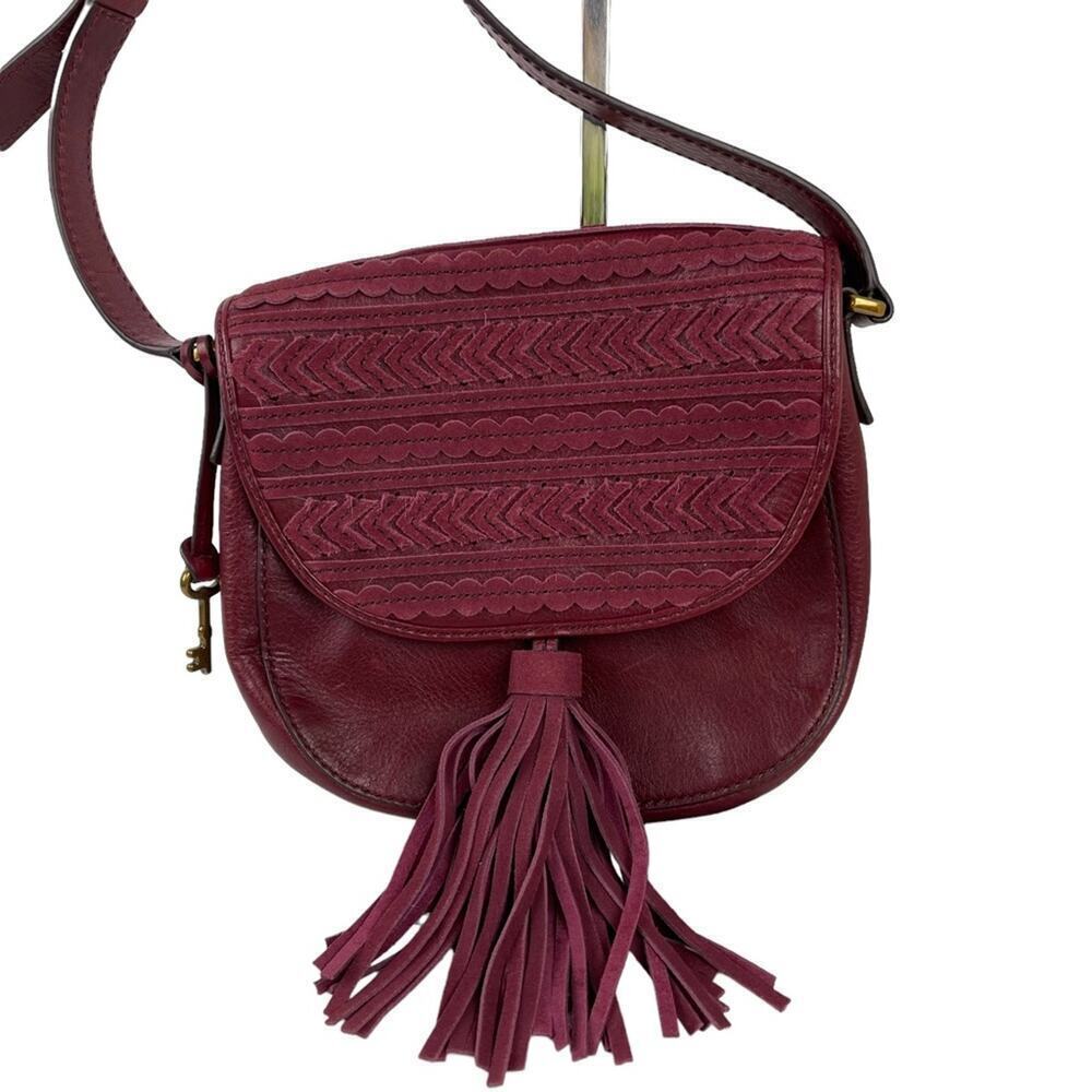 Fossil Emi Red Tassel Leather Saddle Crossbody Ba… - image 2